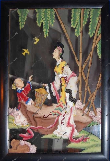 Художественная роспись на зеркале шкафа - соловьи