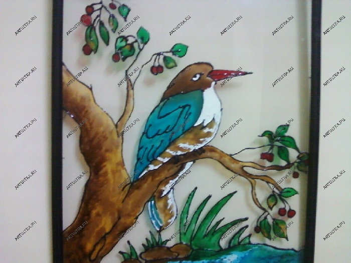 Художественная роспись на стекле двери - соловей