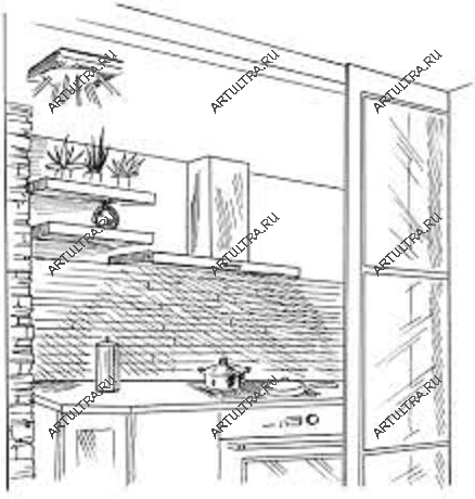 Вариант эскиза для витражной перегородки в кухне.